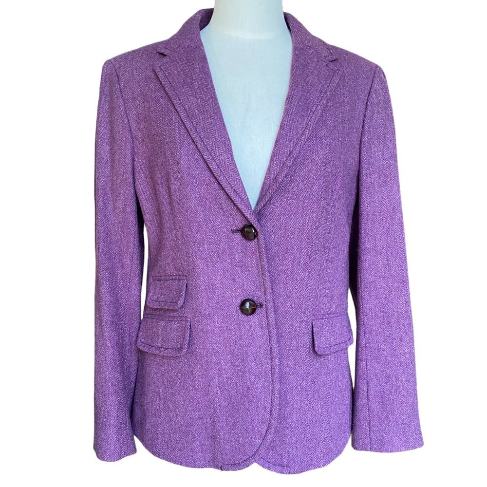 J. Crew Hack*ng Herringbone Wool Blazer Sz 16 Purple Riding Jacket Preppy Tweed
